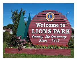 Picture of the Welcome to Lions Park sign at the Lions Park